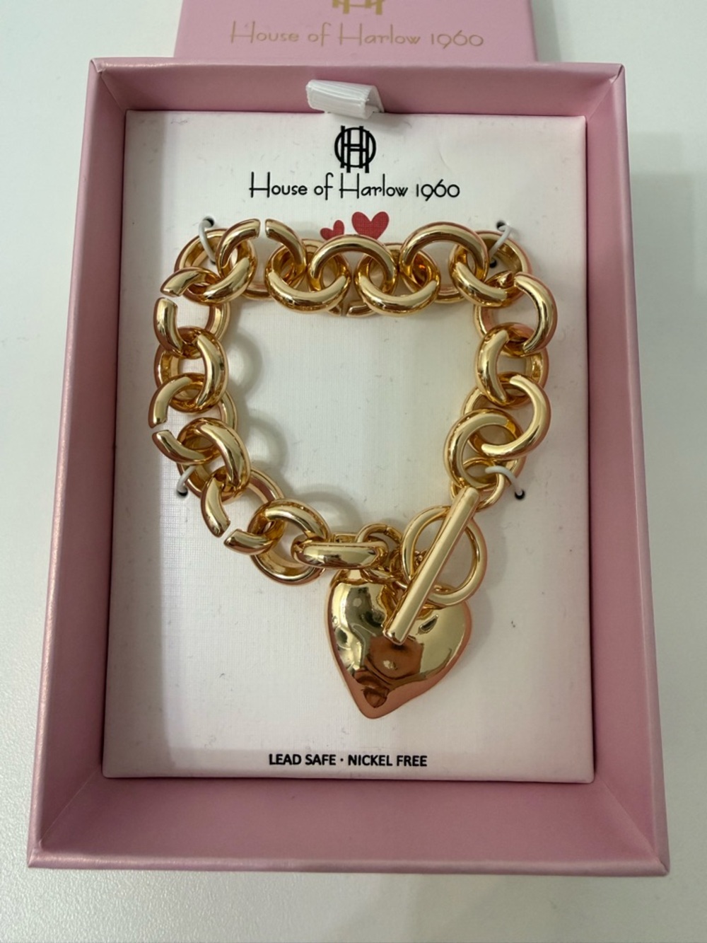 House of Harlow 1960 Gold Tone Puffy Heart  Bracelet Chunky Chain Toggle NEW